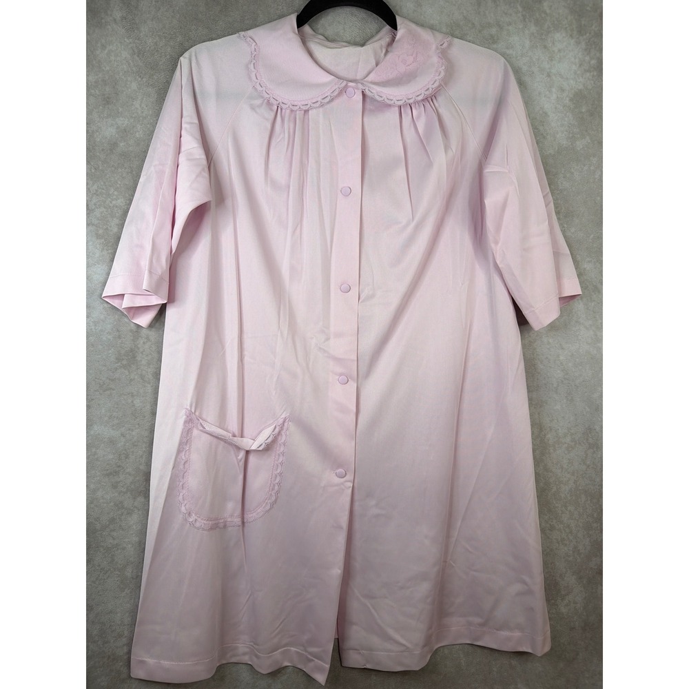 VTG 70s Shadowline Nylon Housecoat Girls Petite Youth Pink Button Front XL Lace